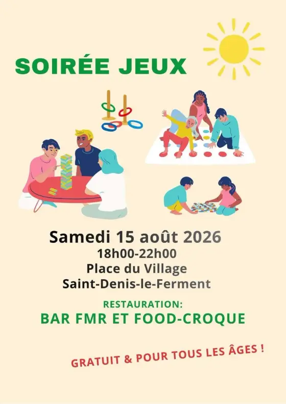 Affiche de la soirée jeux de société du samedi 15 août 2026, de 18h à 22h, place du village à Saint-Denis-le-Ferment.
