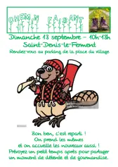 Affiche « Chemin Faisant » : chantier des chemins et sentes le dimanche 13 septembre de 10h à 13h à Saint-Denis-le-Ferment, rendez-vous au parking de la place du village ; dessin d'un castor bûcheron et photo de chaussures de randonnée.