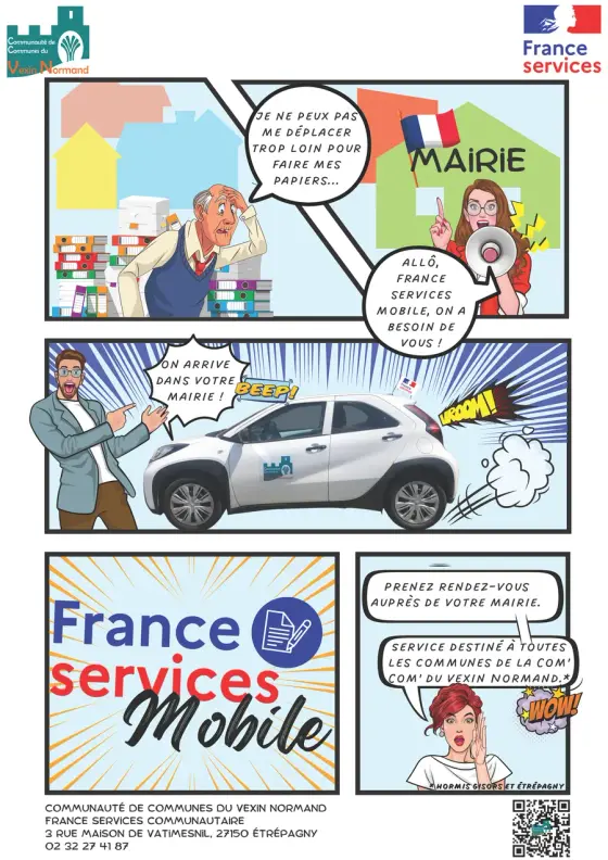 Affiche illustrée « France Services Mobile » de la Communauté de communes du Vexin Normand : un véhicule France Services se déplace jusqu'à la mairie pour accompagner les habitants dans leurs démarches administratives.