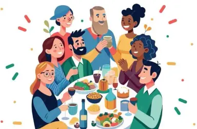 Illustration : un groupe d'amis souriants trinquent autour d'une table garnie de plats et de boissons, entourés de confettis.
