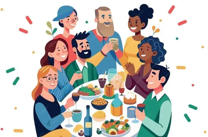 Illustration : un groupe d'amis souriants trinquent autour d'une table garnie de plats et de boissons, entourés de confettis.