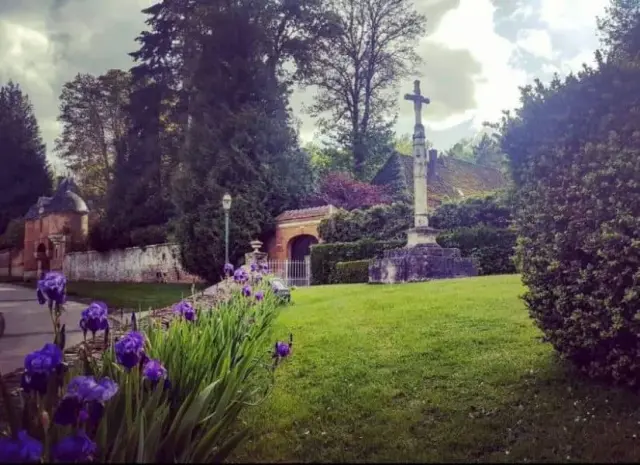 Jardin fleuri avec lavande et lampadaire