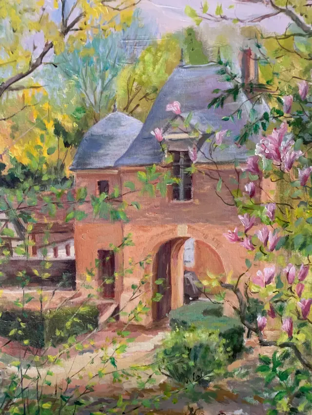 Peinture : maison de brique et magnolia en fleurs
