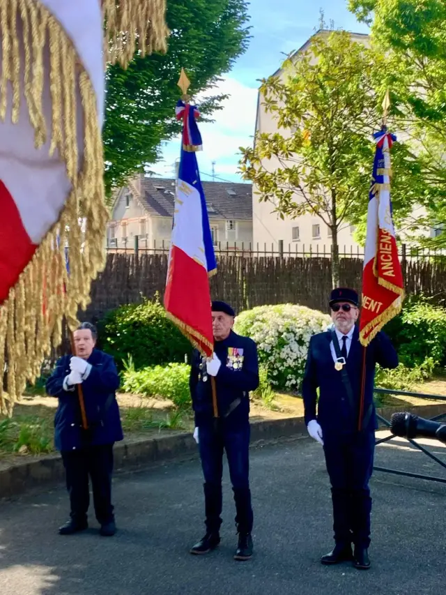 Trois porte-drapeaux d'anciens combattants en tenue