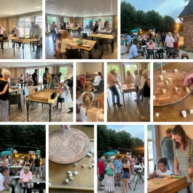Montage de photos de la soirée jeux du 15 août : jeux en bois dans la salle des fêtes et sur la place, food-trucks en soirée.
