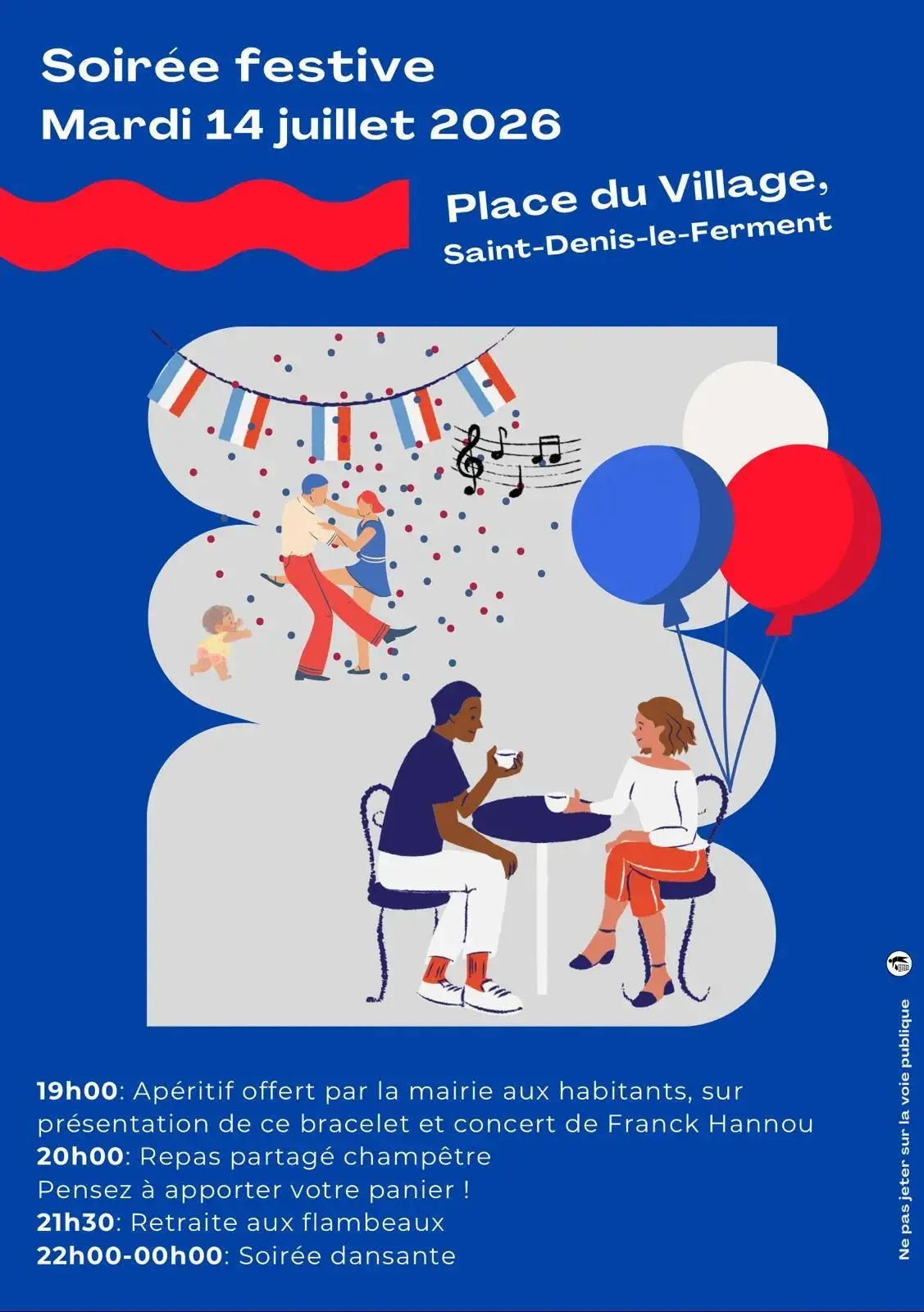 Affiche de la soirée festive du 14 juillet 2026, place du Village : apéritif, repas partagé, retraite aux flambeaux et soirée dansante