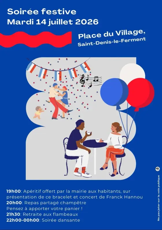Affiche de la soirée festive du 14 juillet 2026, place du Village : apéritif, repas partagé, retraite aux flambeaux et soirée dansante